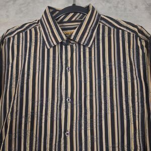 Tommy Bahama silk Cotton shirt‎ Striped geometric embroidery large